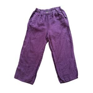 Flax Women's Purple Pants 100% Linen Lagenlook Elastic Waist Small Wide Leg